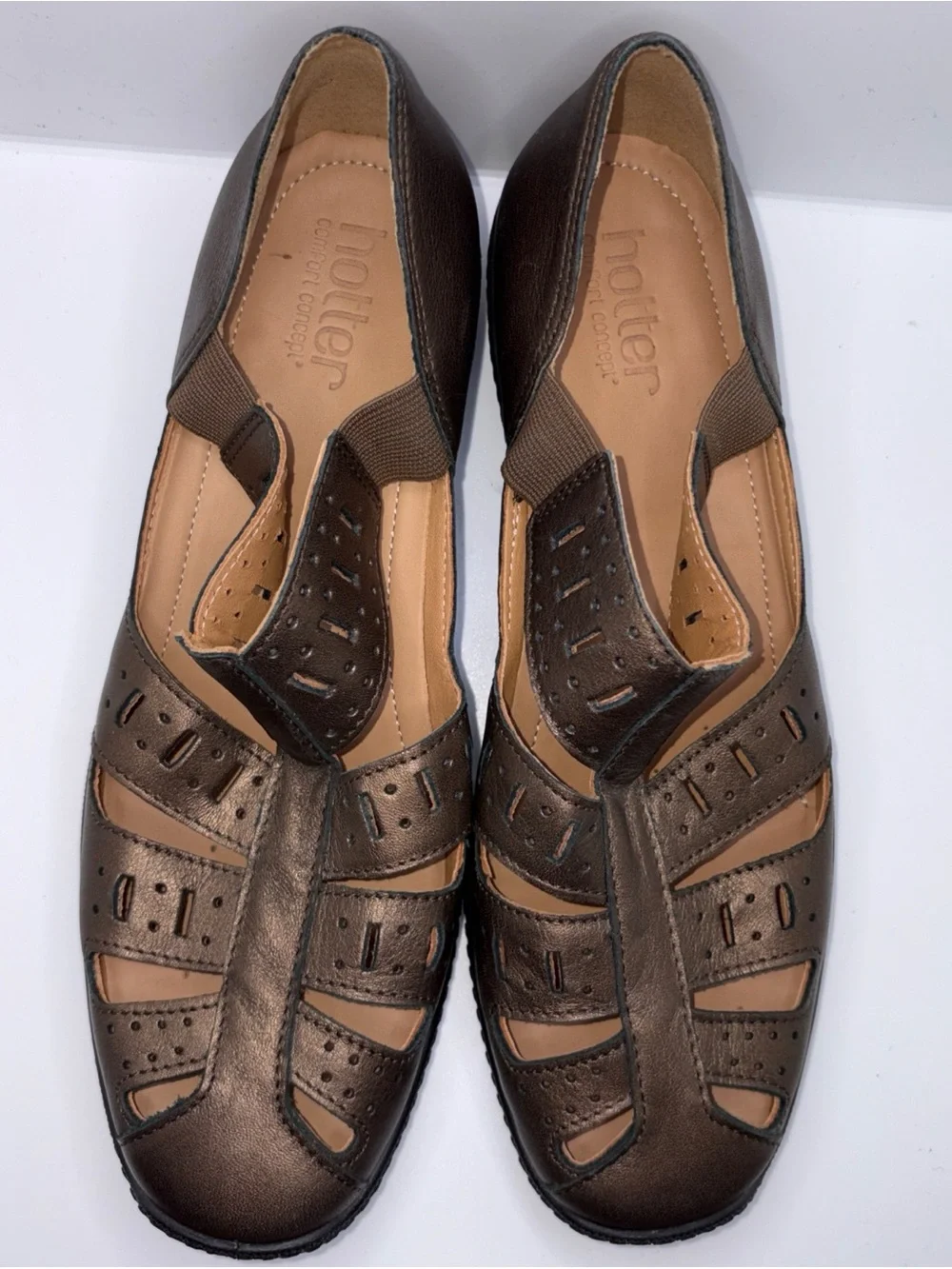 Hotter Shoes Women Sz 8 Casual Slip Ons Flats Metallic Bronze Leather Comfort